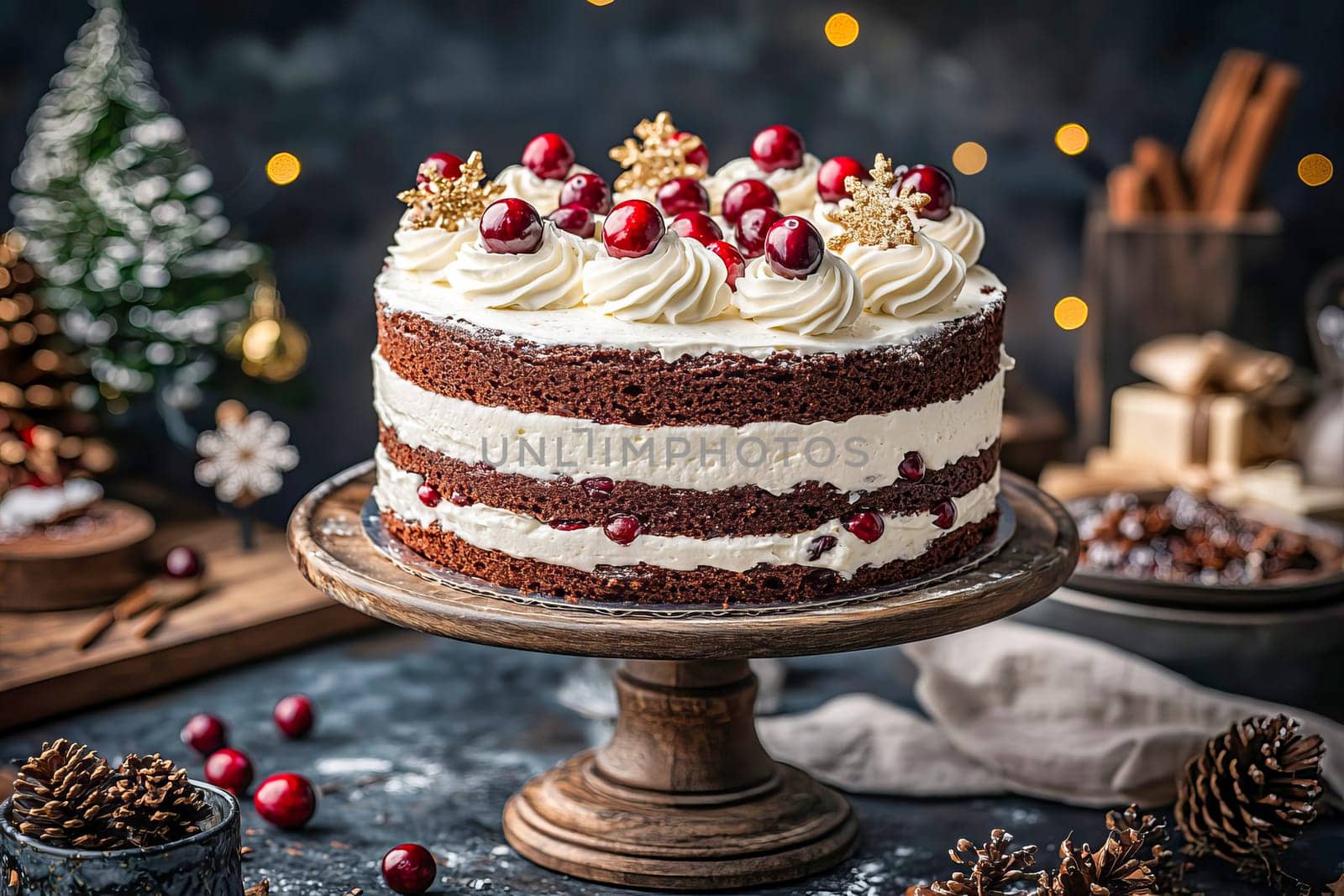 A Christmas cake with white cream and cranberries on a stand. AI generated.