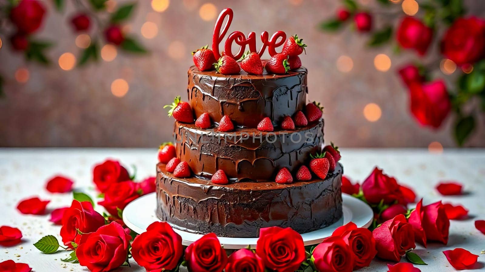 Three-tier chocolate cake with strawberries and the word "LOVE" on top of the cake with red roses lie around the plate with the cake. AI generated.