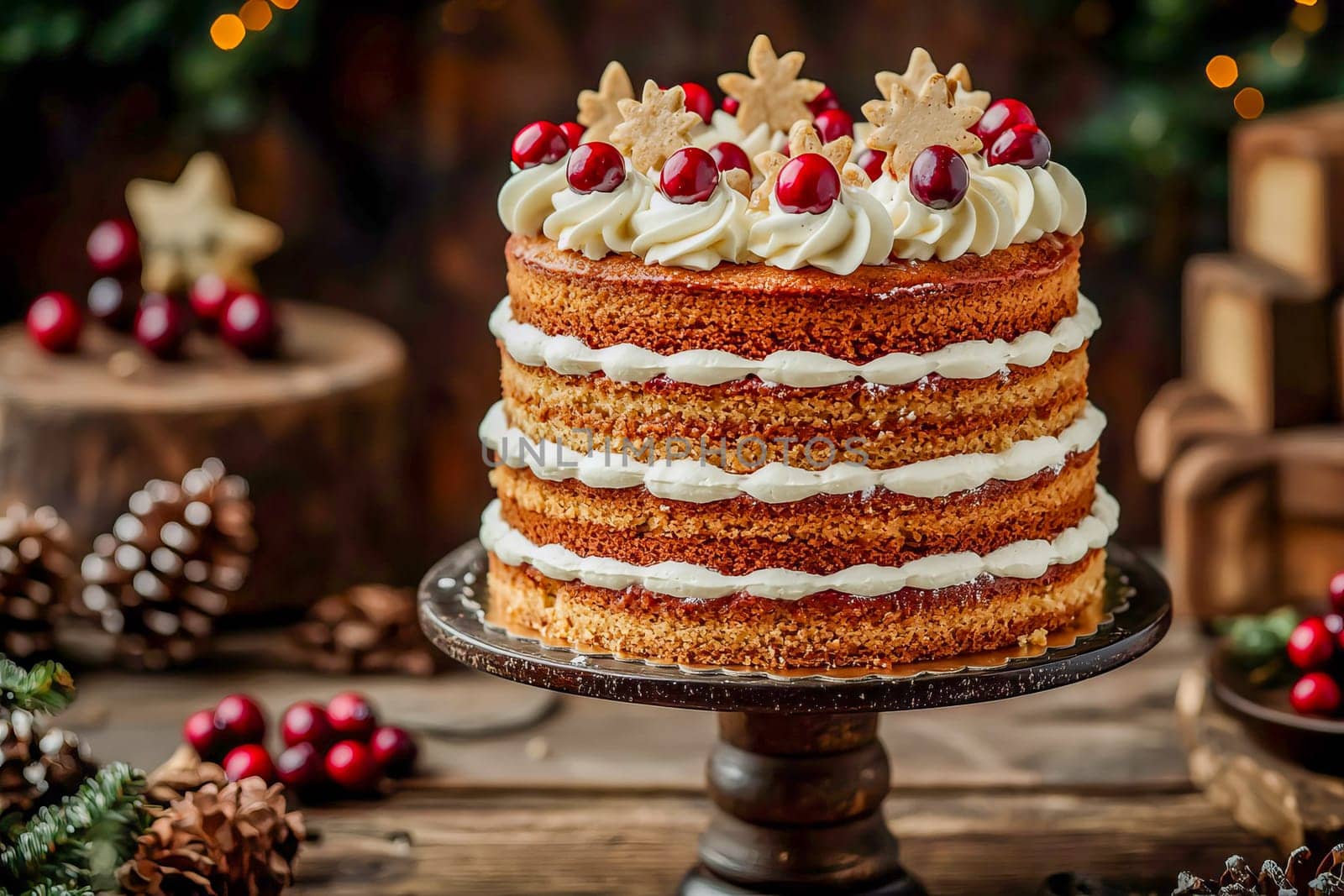 A Christmas cake with white cream and cranberries on a stand. AI generated.