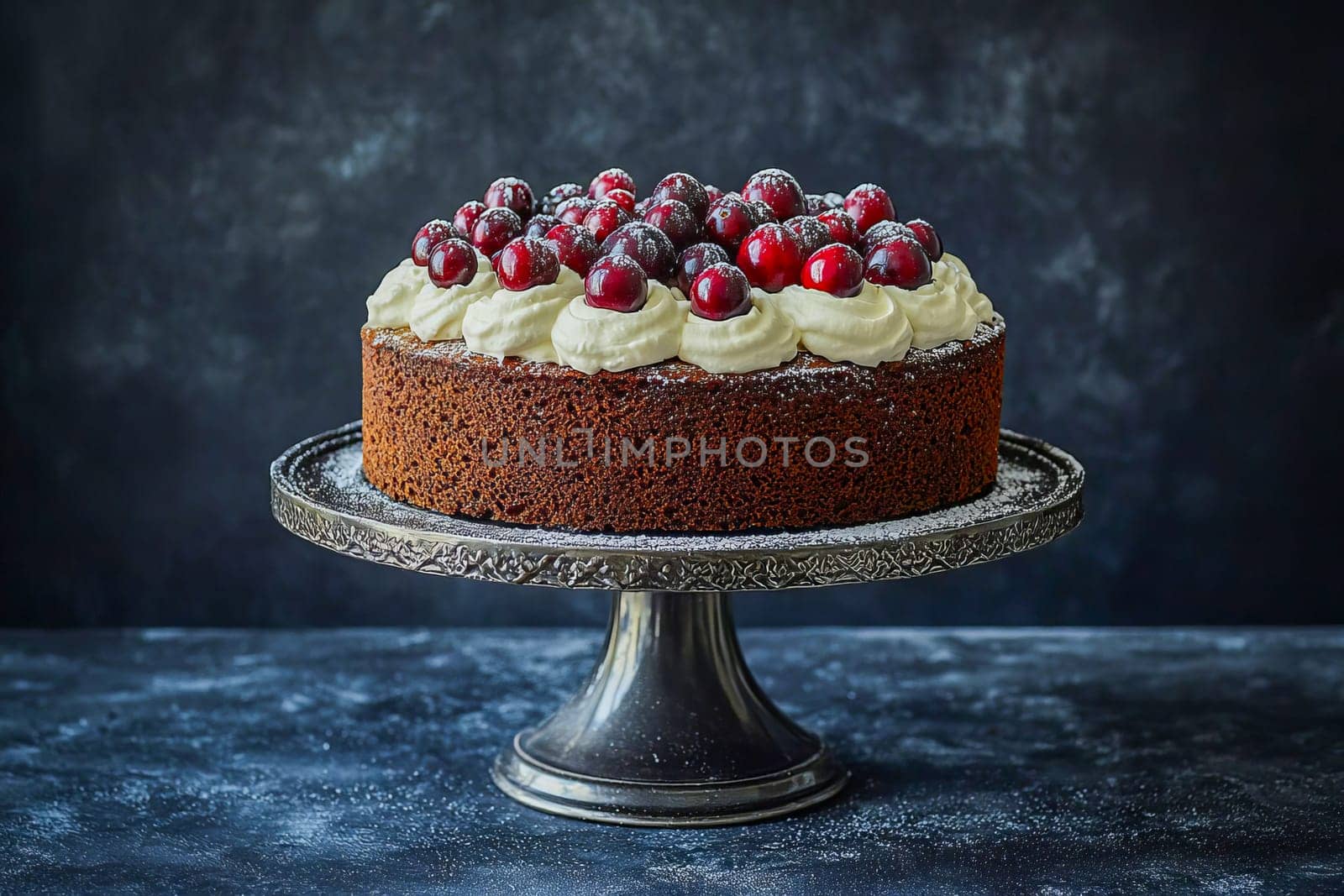 A Christmas cake with white cream and cranberries on a stand. AI generated.