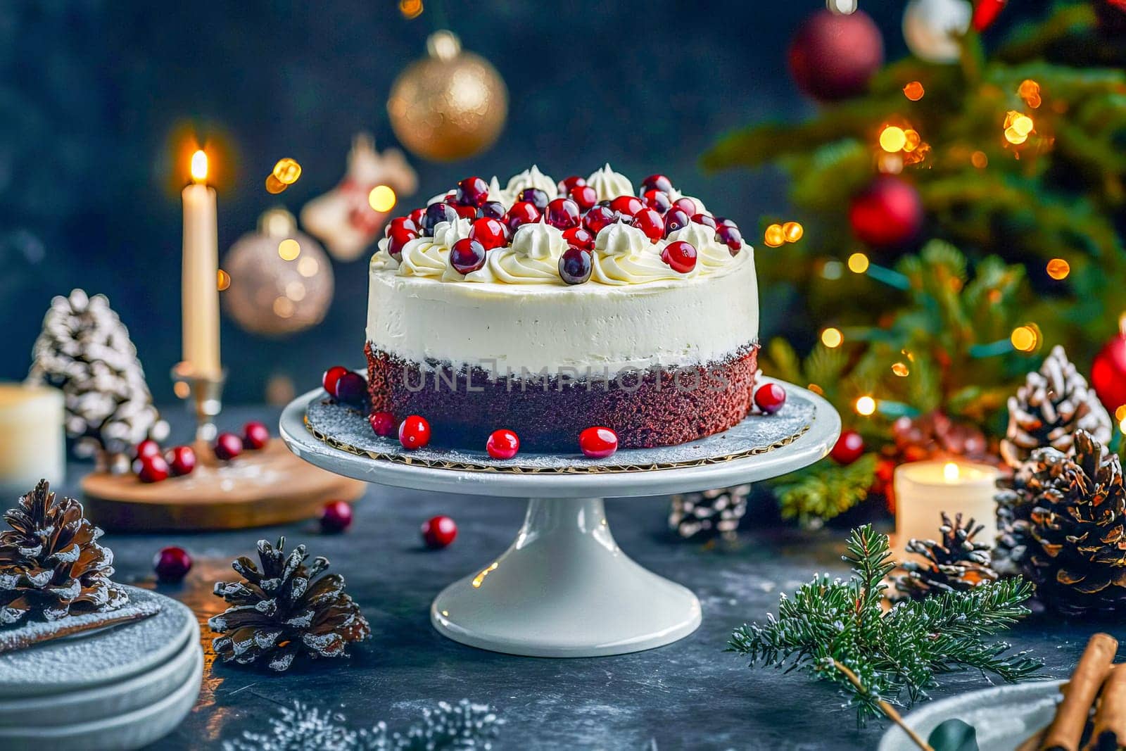 A Christmas cake with white cream and cranberries on a stand. AI generated.