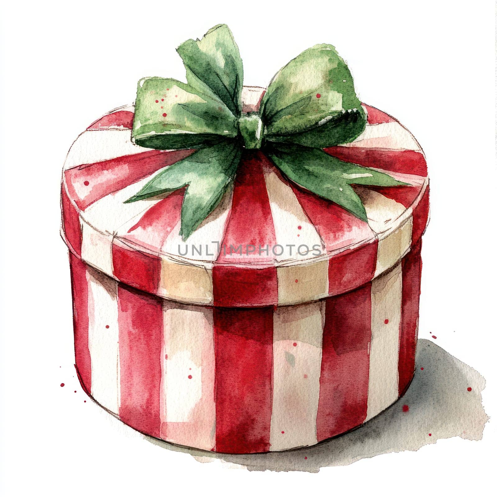Watercolor round gift tin wrapped in red and white stripes with green bow.