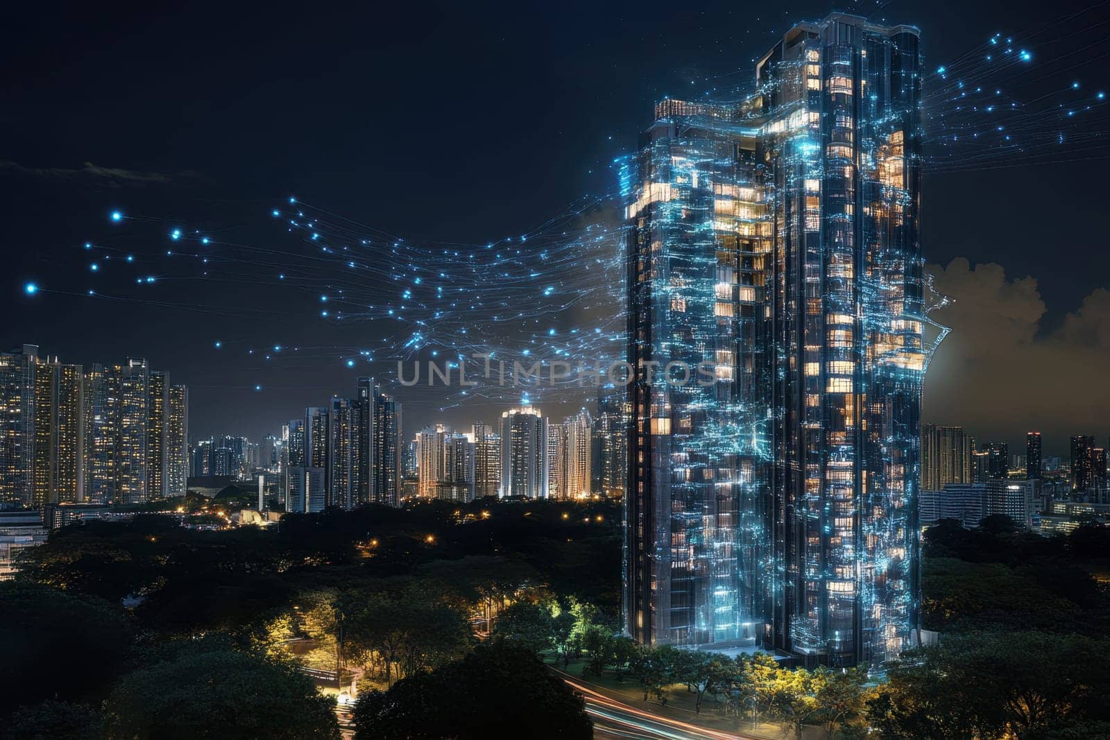 A stunning night view of a futuristic building illuminated with digital lights amidst a vibrant city skyline. The scene captures modern urban life and technology.