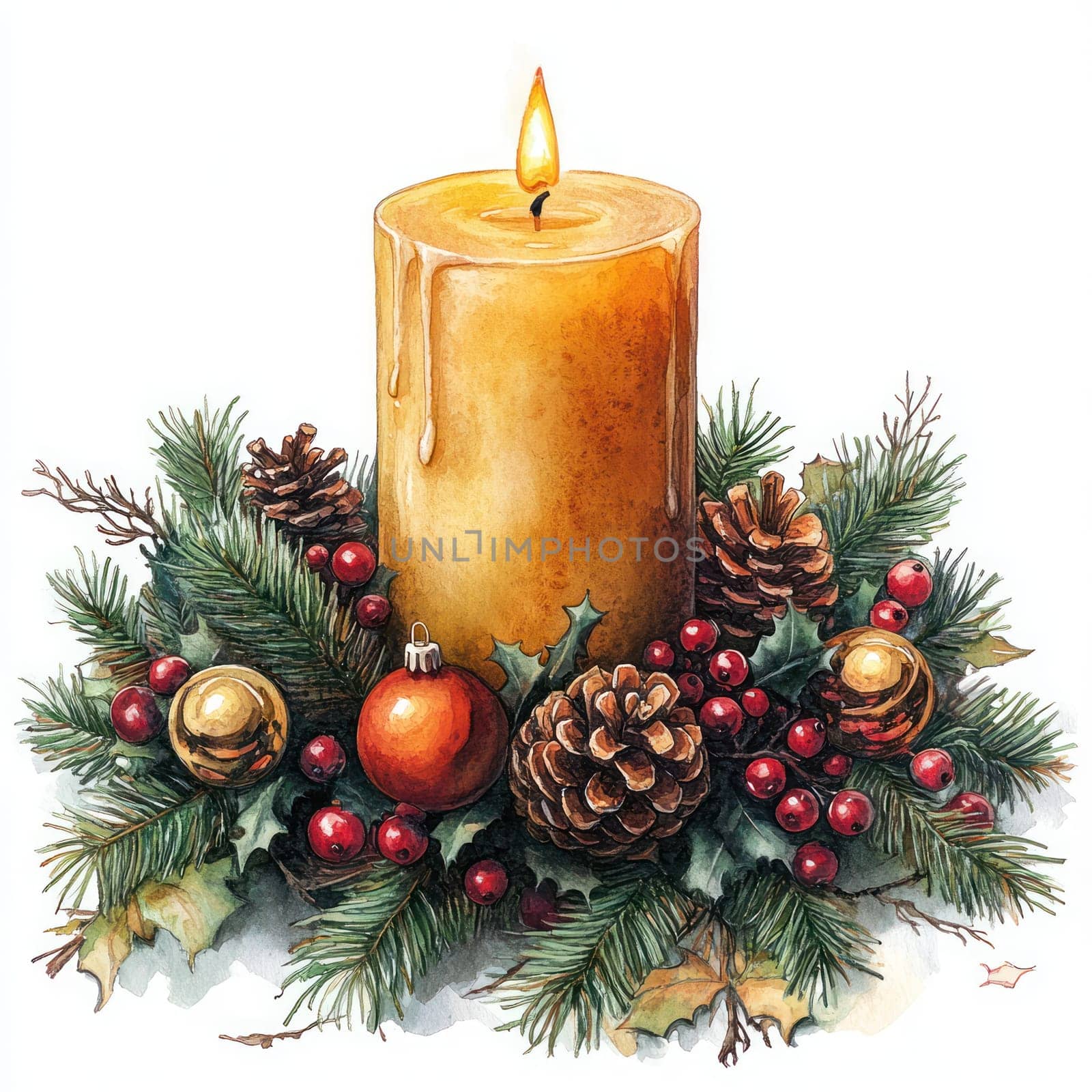 Watercolor glowing pillar candle surrounded by festive greenery and ornaments.