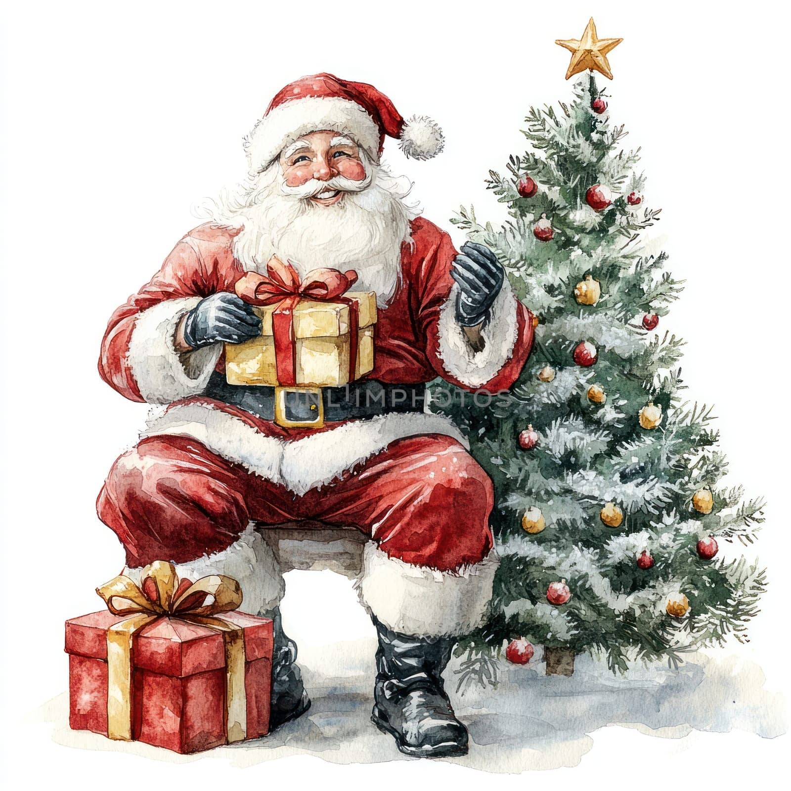 Watercolor Joyful Santa Claus with gifts beside decorated Christmas tree.