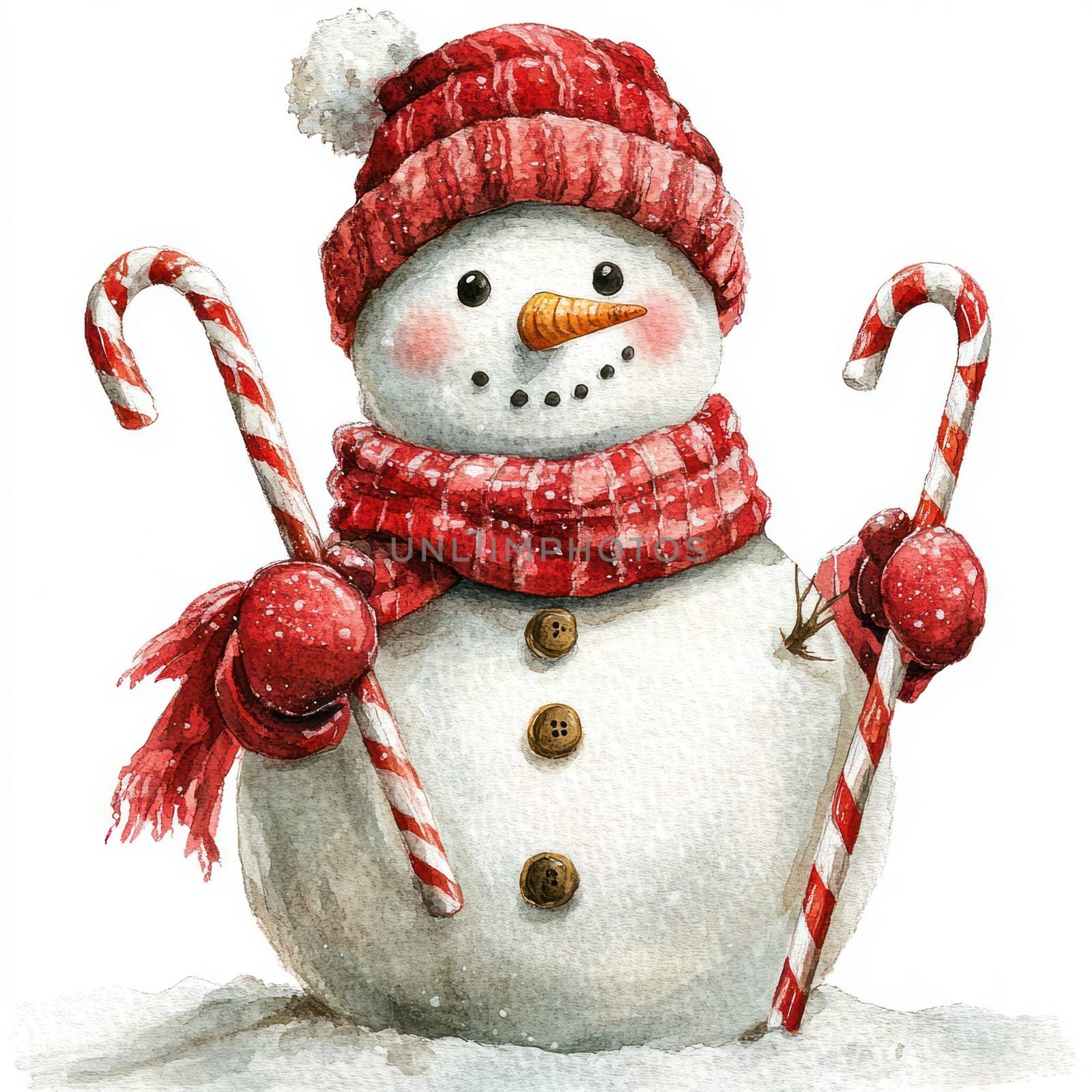 Watercolor Cheerful snowman with red hat and scarf holding candy canes in snow.