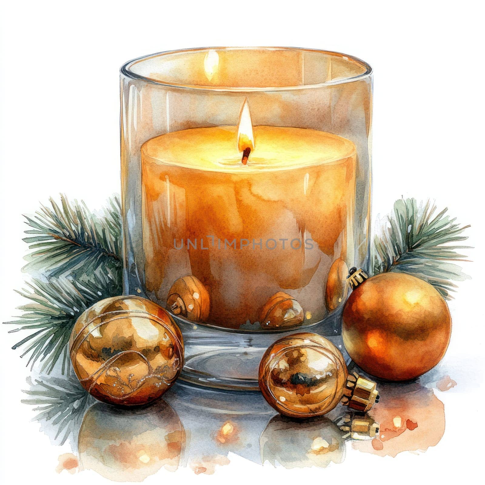 Watercolor golden candle surrounded by festive ornaments and pine branches.