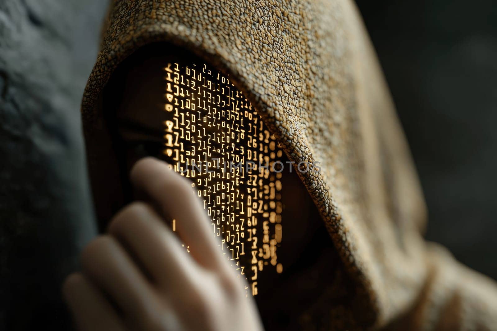 Digital shadow: hacker breaking binary code, incognito in hoodie, expertly navigating depths of cyberspace to expose vulnerabilities, reveal hidden truths within complex world of technology
