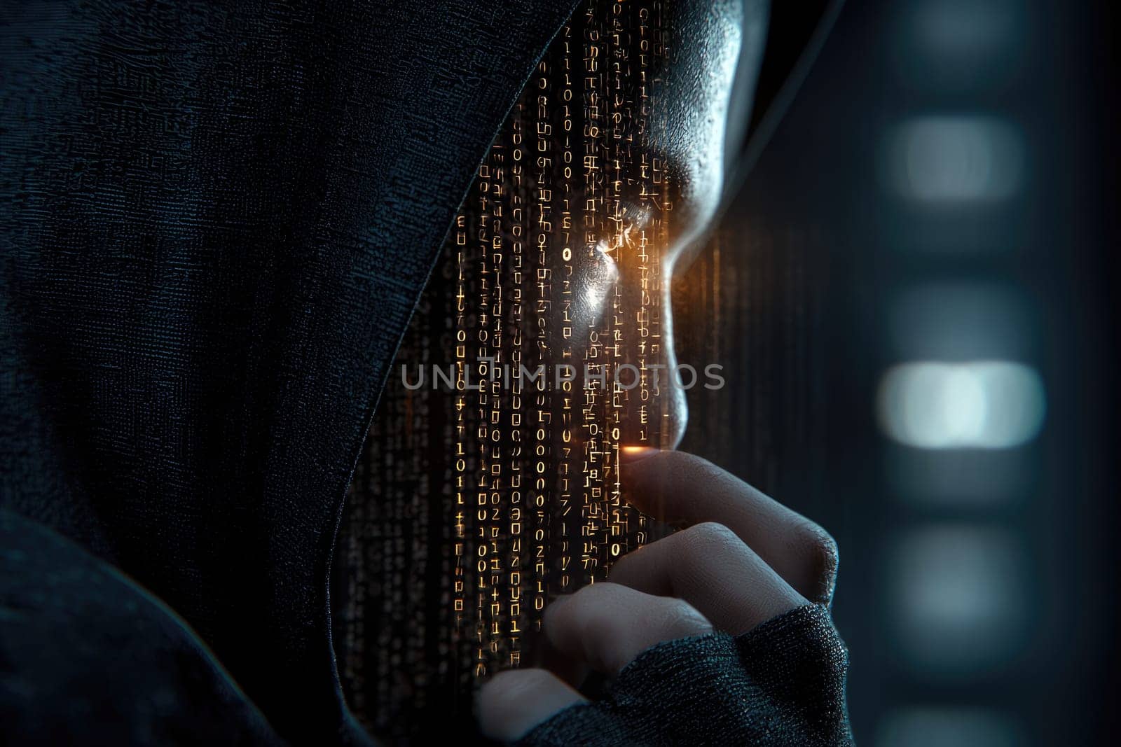 Anonymous coder: hacker dismantling binary barriers while cloaked in hoodie, embodying mystique of underground tech culture, challenging systems with skillful precision, stealth in digital realm