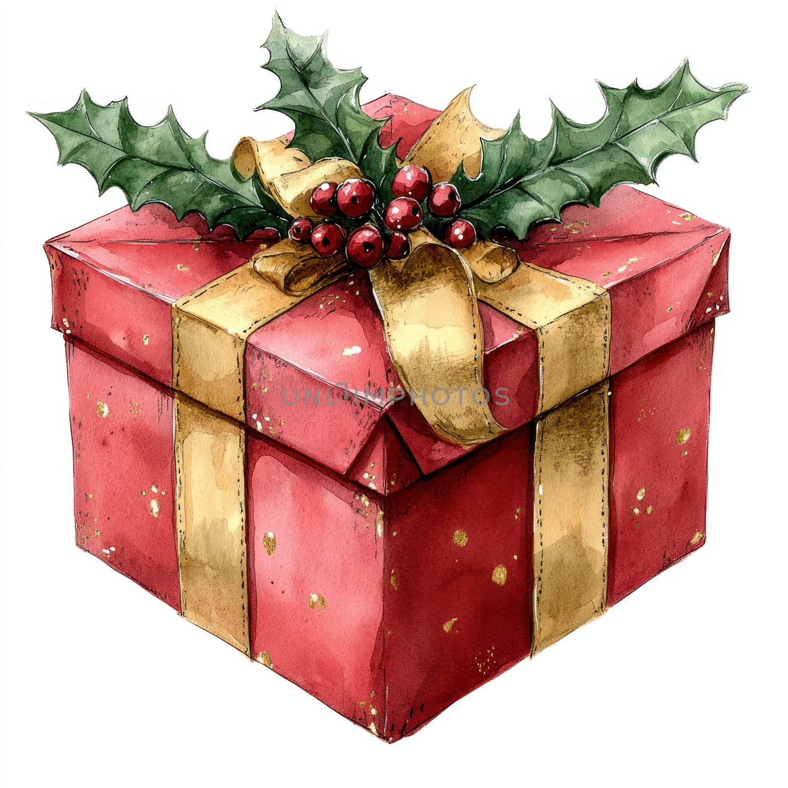 Watercolor beautifully wrapped gift box adorned with holly and ribbon.