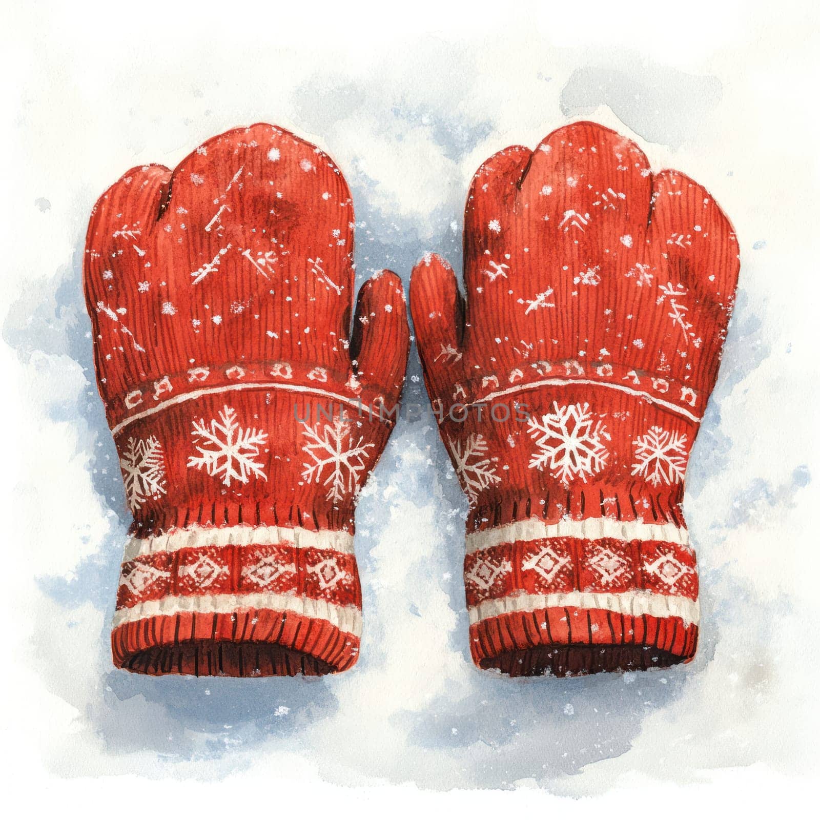 Watercolor Warm red mittens with snowflake patterns resting on snow.