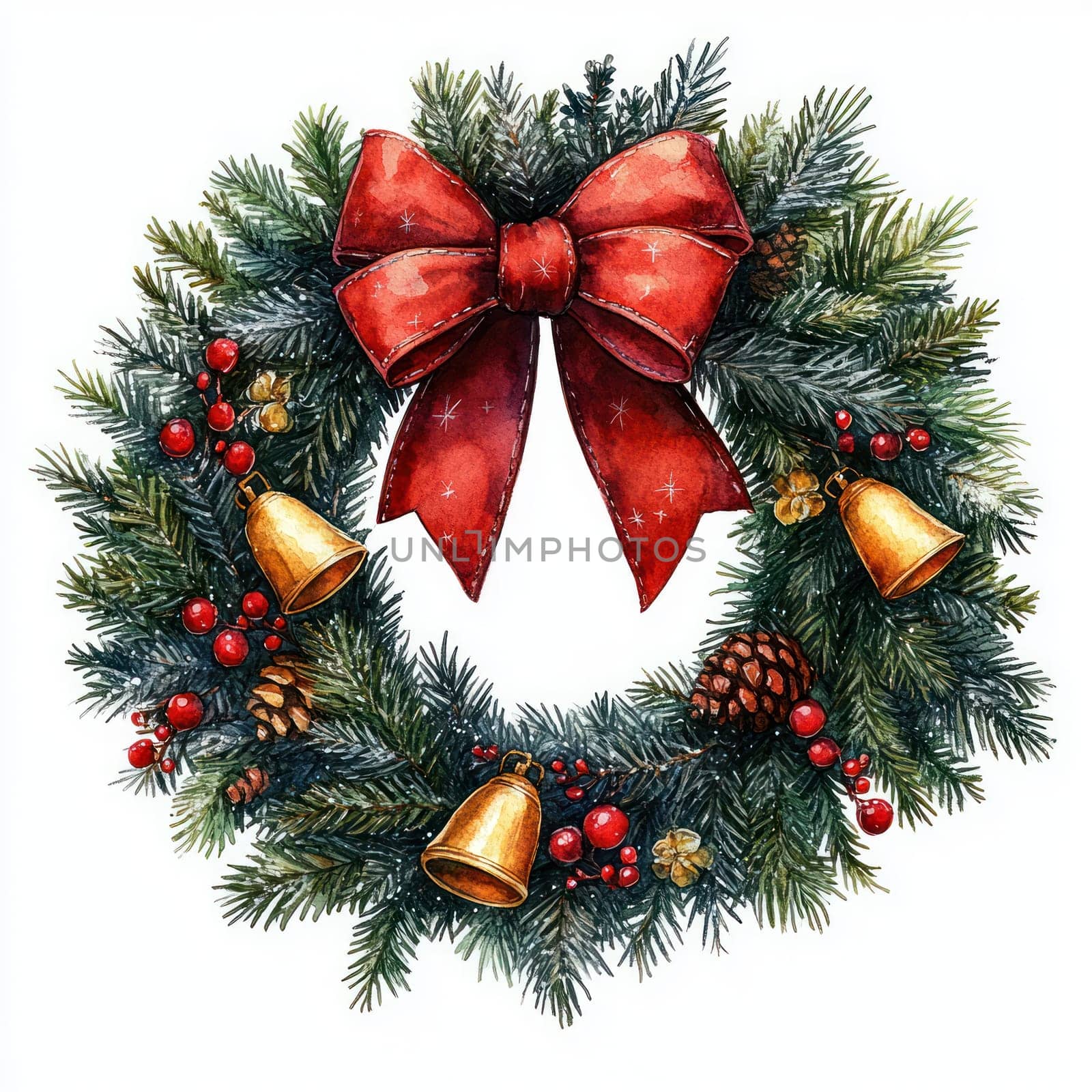 Watercolor Festive wreath with red bow, bells, and pinecones, perfect for celebrations.