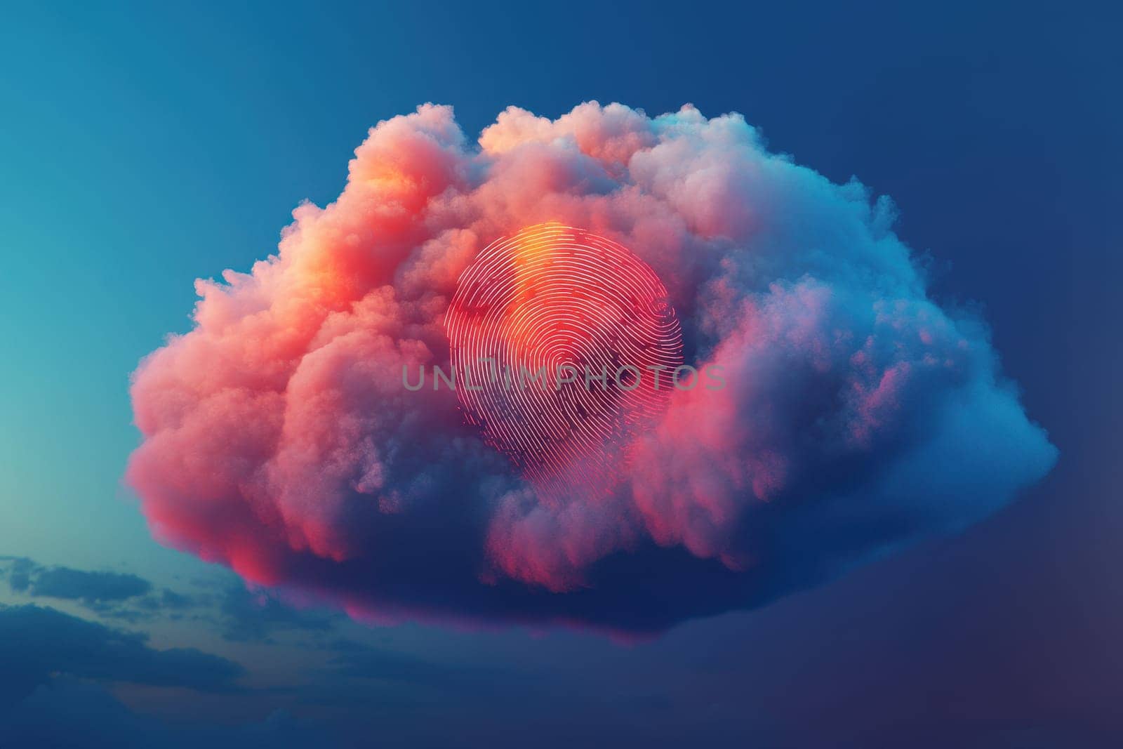 A striking cloud formation features a colorful fingerprint pattern, blending artistry and nature, evoking themes of identity and uniqueness against a serene sky.