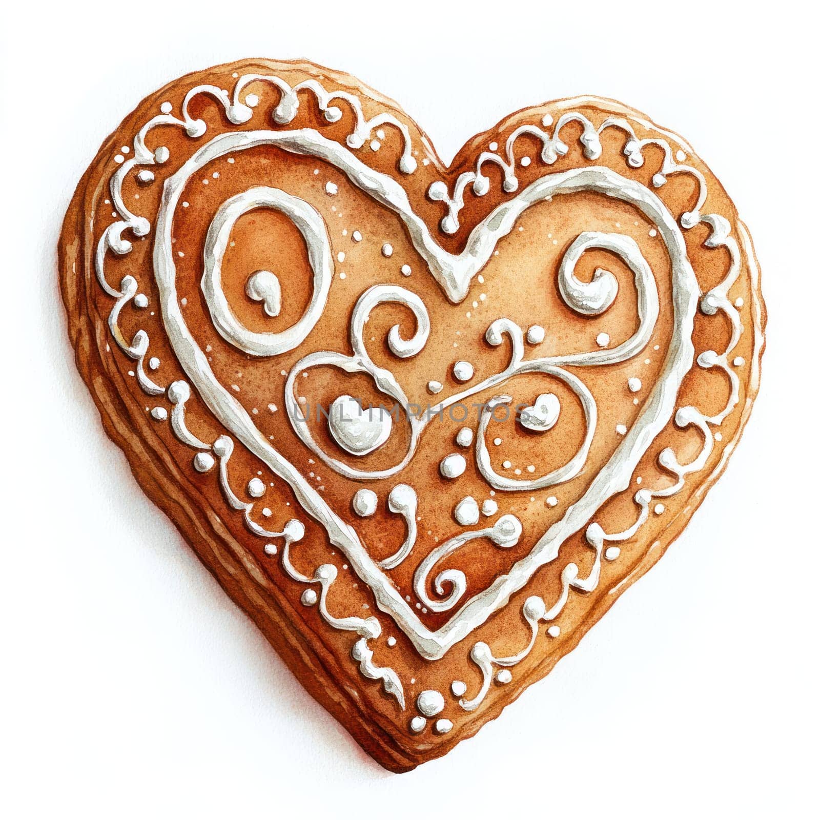 Watercolor Delightful heart shaped gingerbread cookie with intricate icing design.