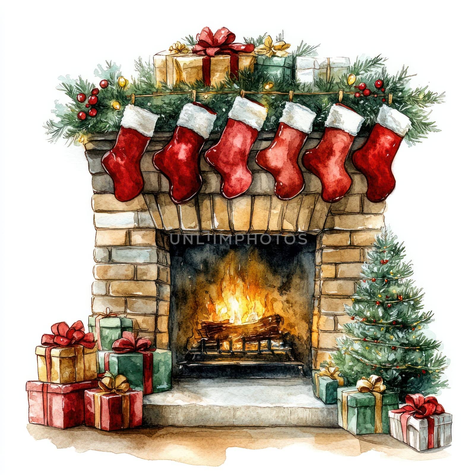 Watercolor Cozy Christmas fireplace with stockings, gifts, and warm fire.