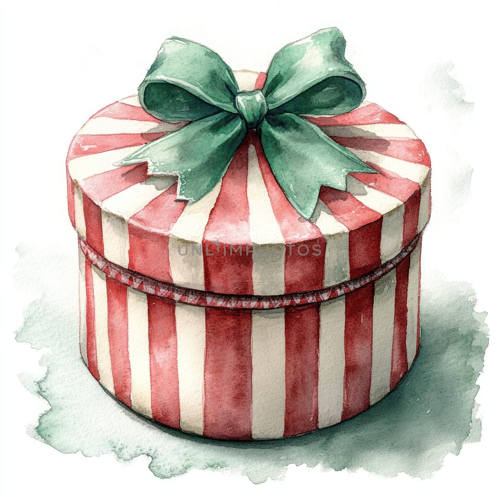 Watercolor round gift tin with red and white stripes and green bow, perfect for celebrations.