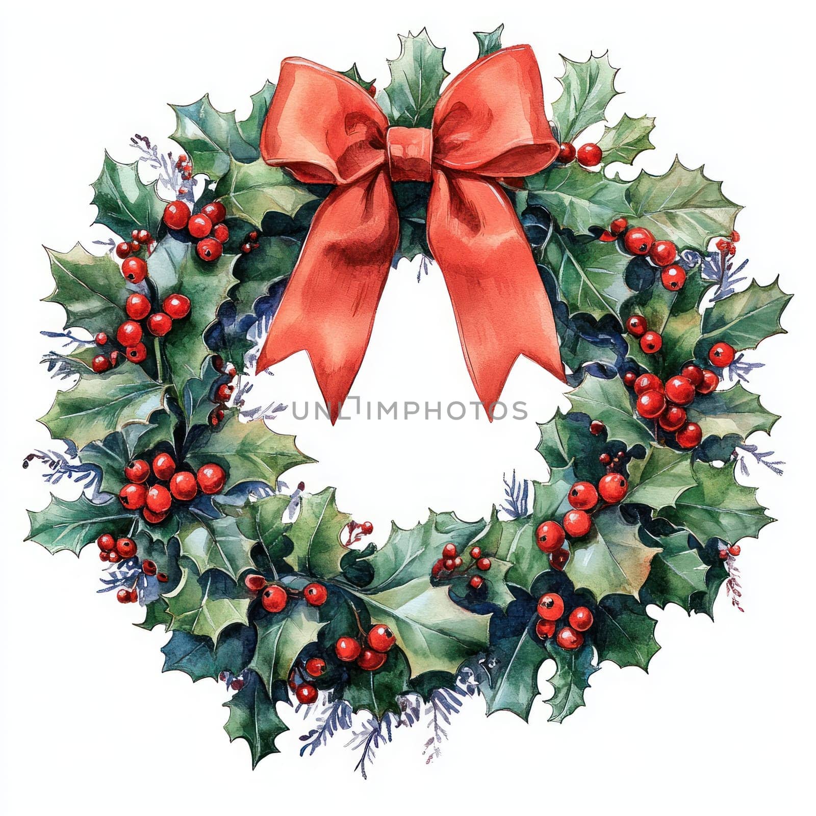 Watercolor vibrant Christmas wreath adorned with red berries and bow.
