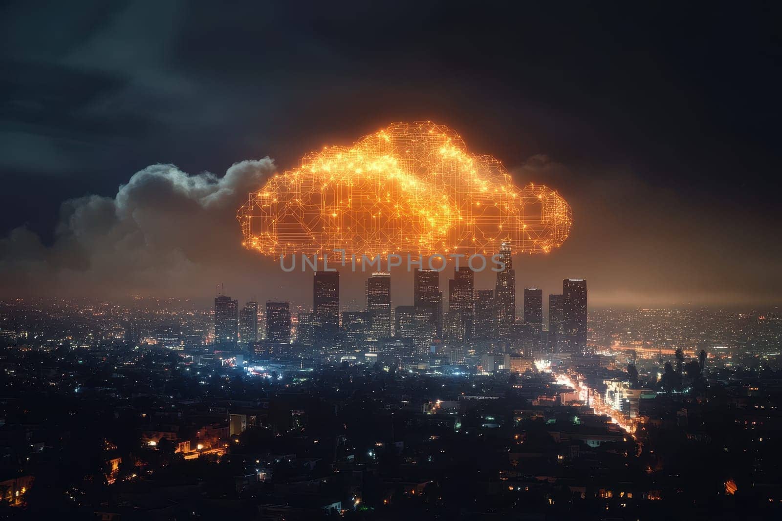 A stunning cityscape of Los Angeles at night, featuring a glowing digital cloud symbolizing technology and innovation. The skyline shines with lights.