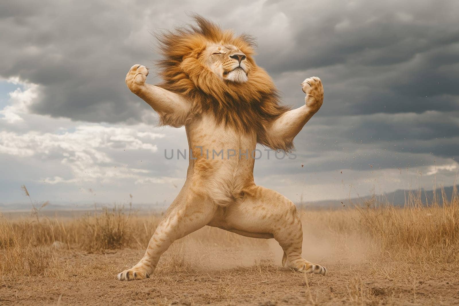 A powerful lion stands confidently in a striking pose against a dramatic sky, illustrating its strength and majesty in the wild.