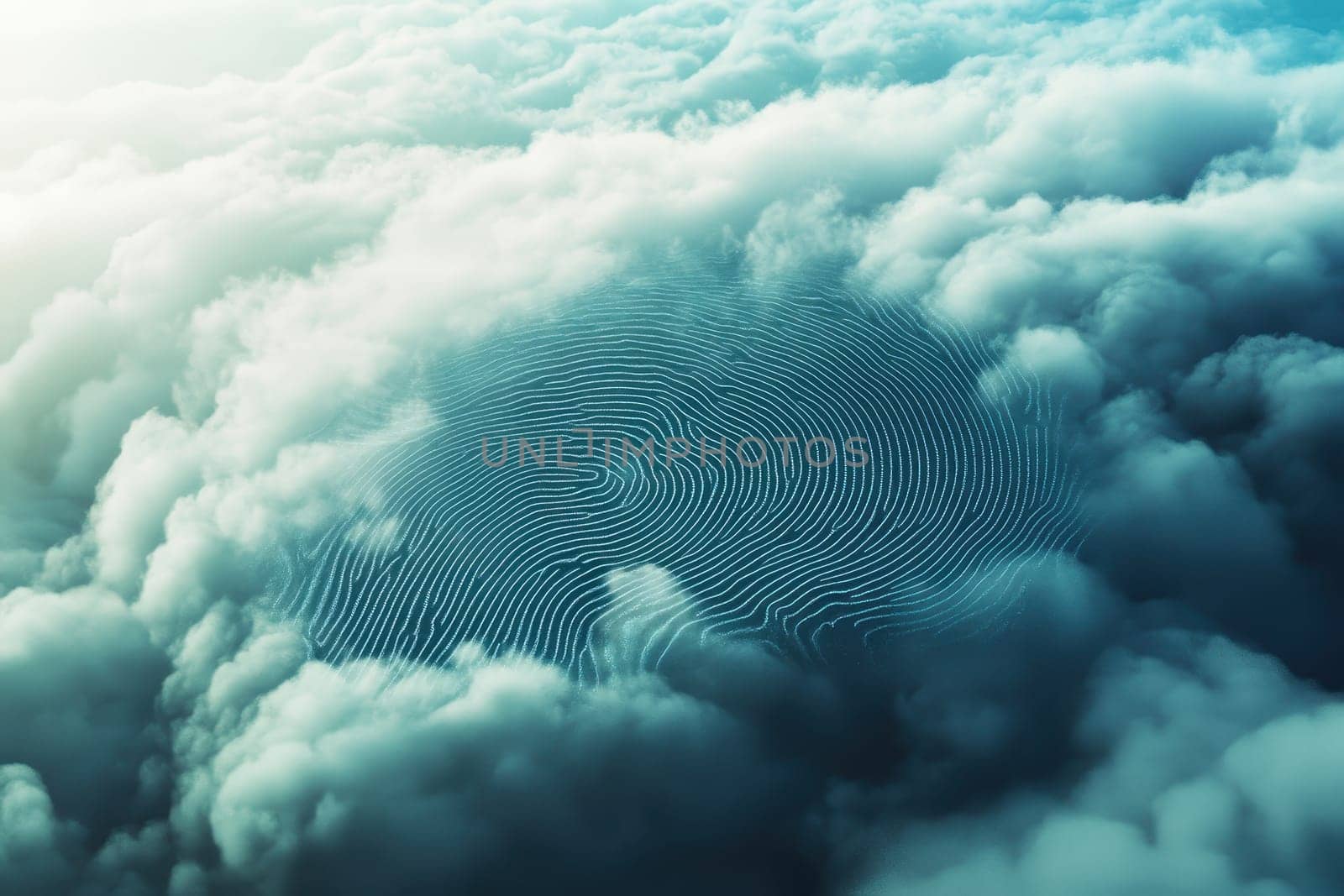 Explore an abstract aerial view featuring soft clouds resembling a unique fingerprint design, evoking tranquility and creativity in the atmosphere.