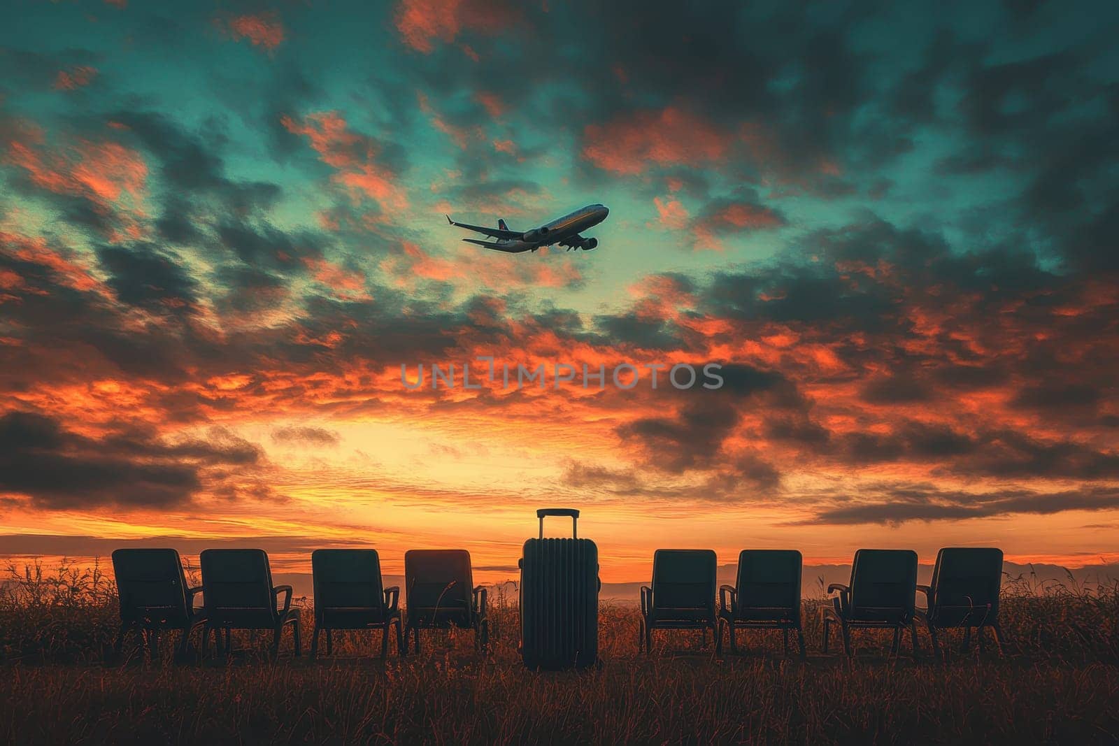 A stunning sunset scene capturing the silhouette of empty chairs and a suitcase, with an airplane flying above, evoking a sense of travel and adventure.