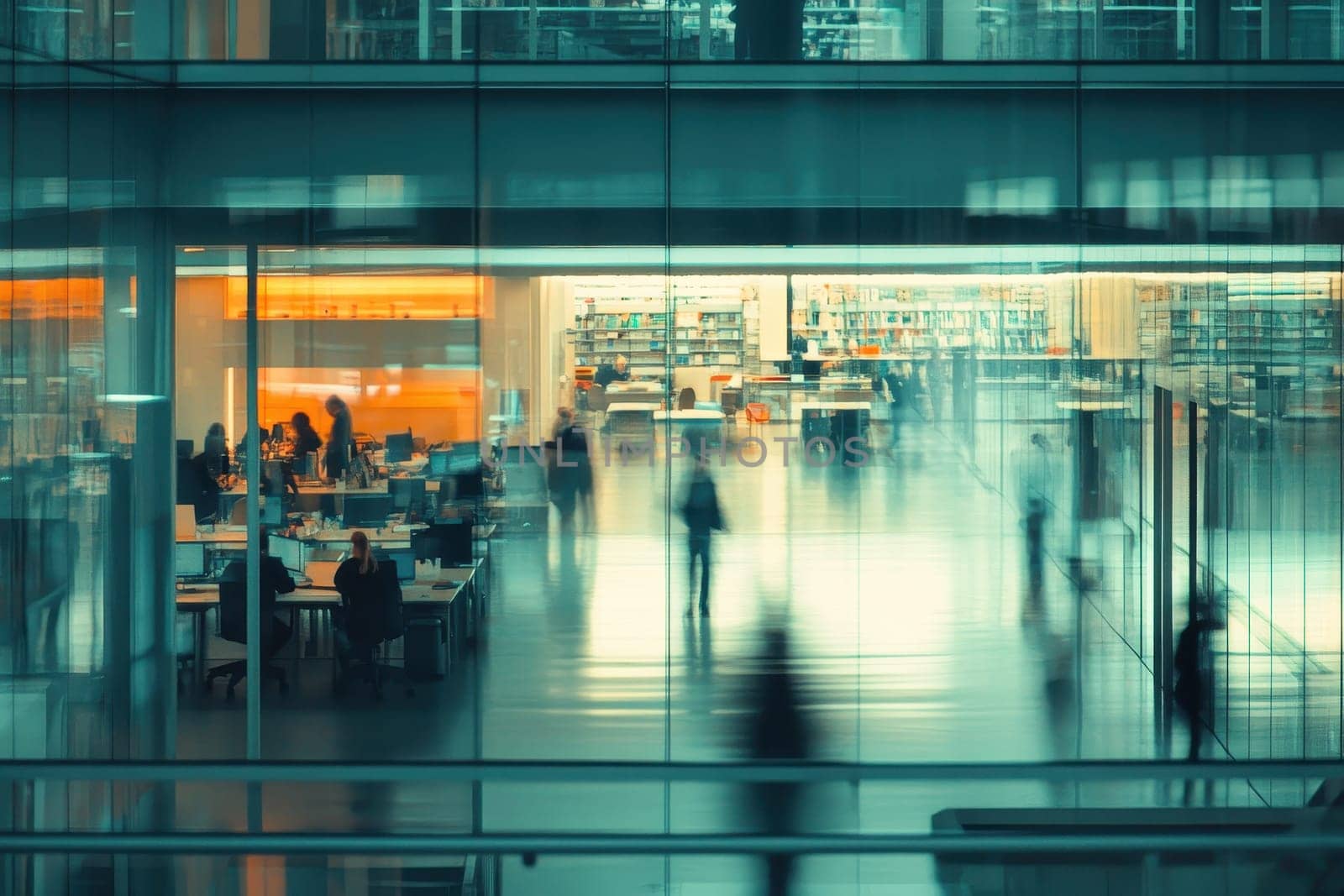 A vibrant modern office interior showcases people engaged in work and reading activities, surrounded by glass walls and bright shelves, creating a dynamic atmosphere.