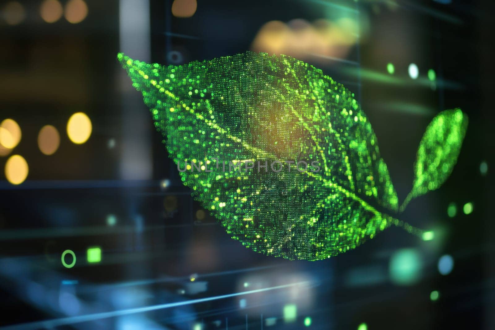 A captivating digital representation of a green leaf featuring sparkling particles, set against a futuristic background that symbolizes technology and nature integration.