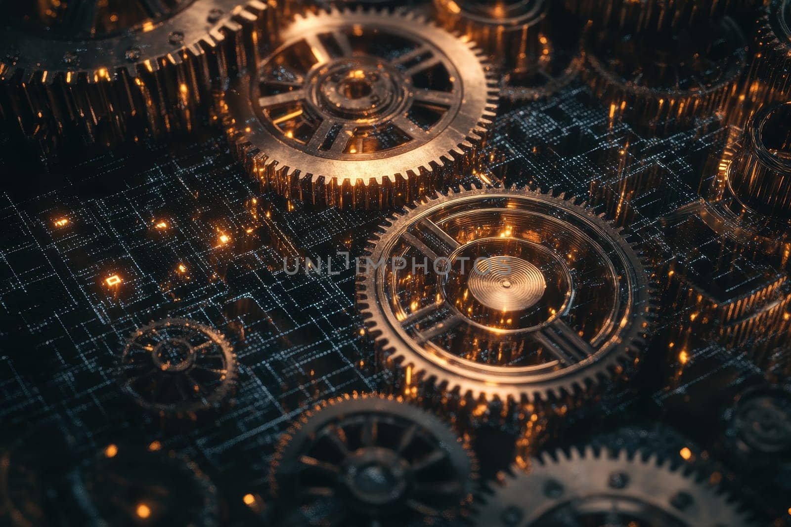 A captivating close-up of intricate gears with golden accents set against a digital circuit background, showcasing the beauty of mechanical design and technology.