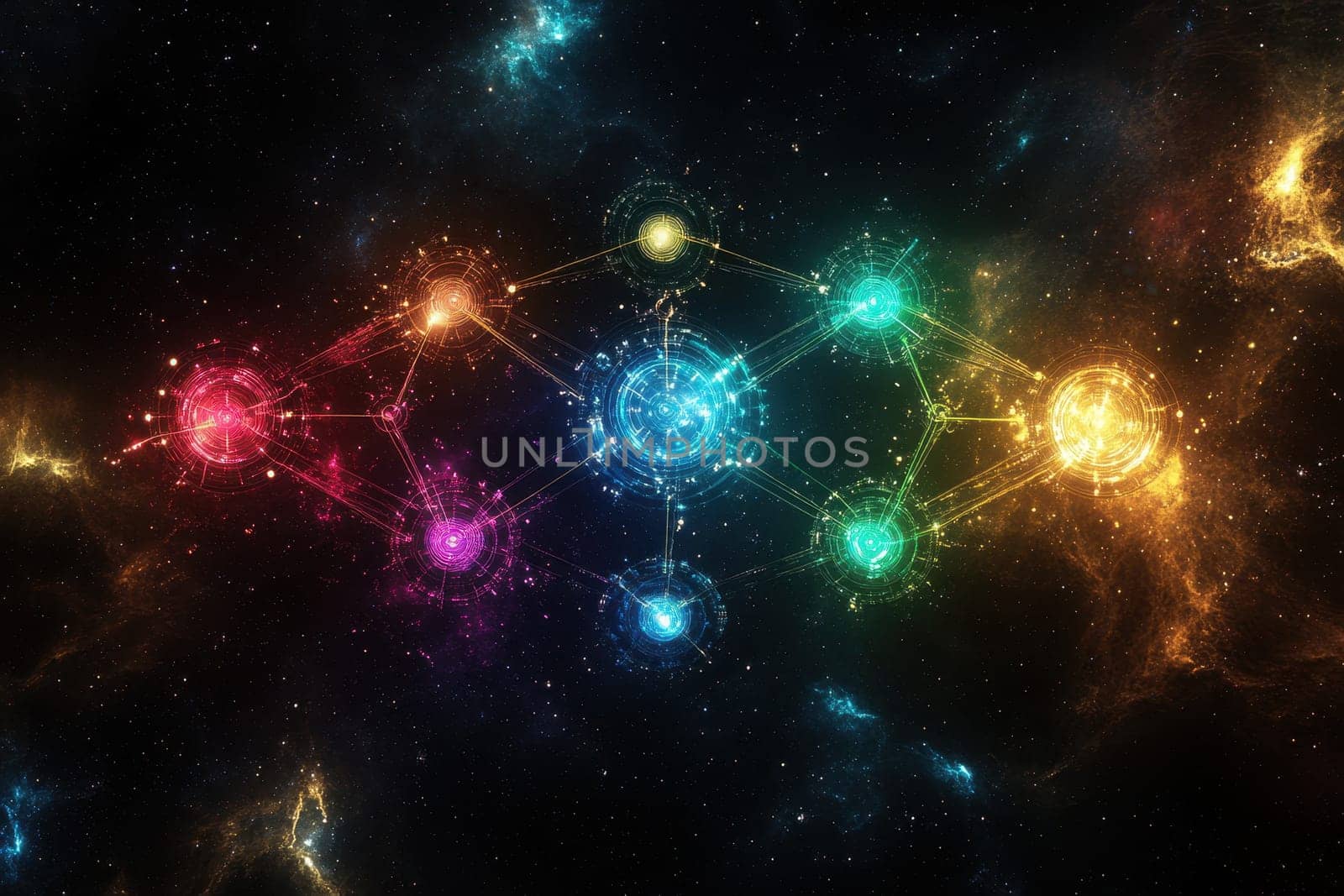 Explore the vibrant cosmic network featuring colorful celestial bodies and dazzling light patterns against a dark space backdrop, evoking a sense of wonder.