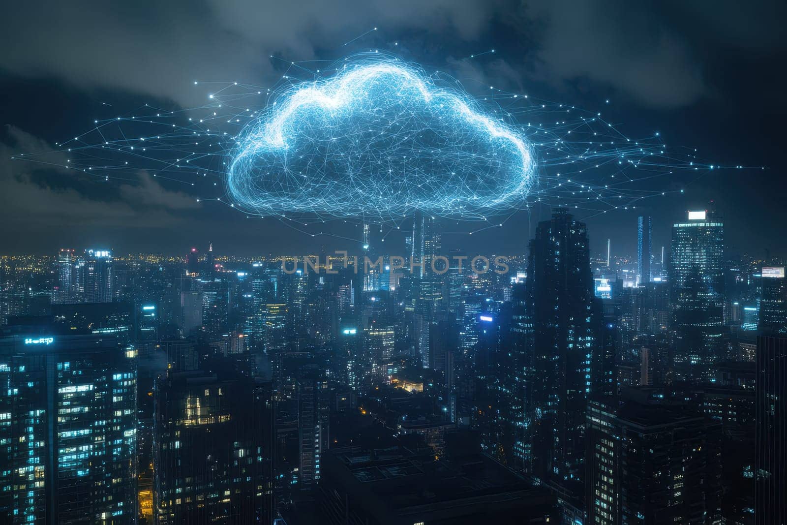 A mesmerizing night view of a futuristic city skyline, featuring a digital cloud hovering above, symbolizing technology.