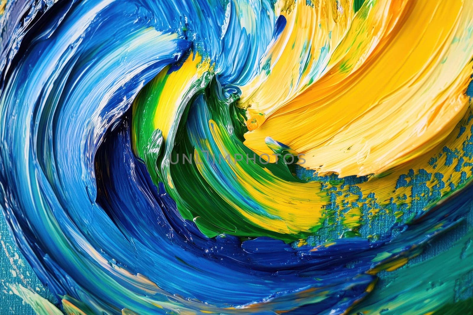 An eye-catching abstract artwork showcasing vibrant swirls of blue, green, and yellow oil paint, ideal for creative projects.