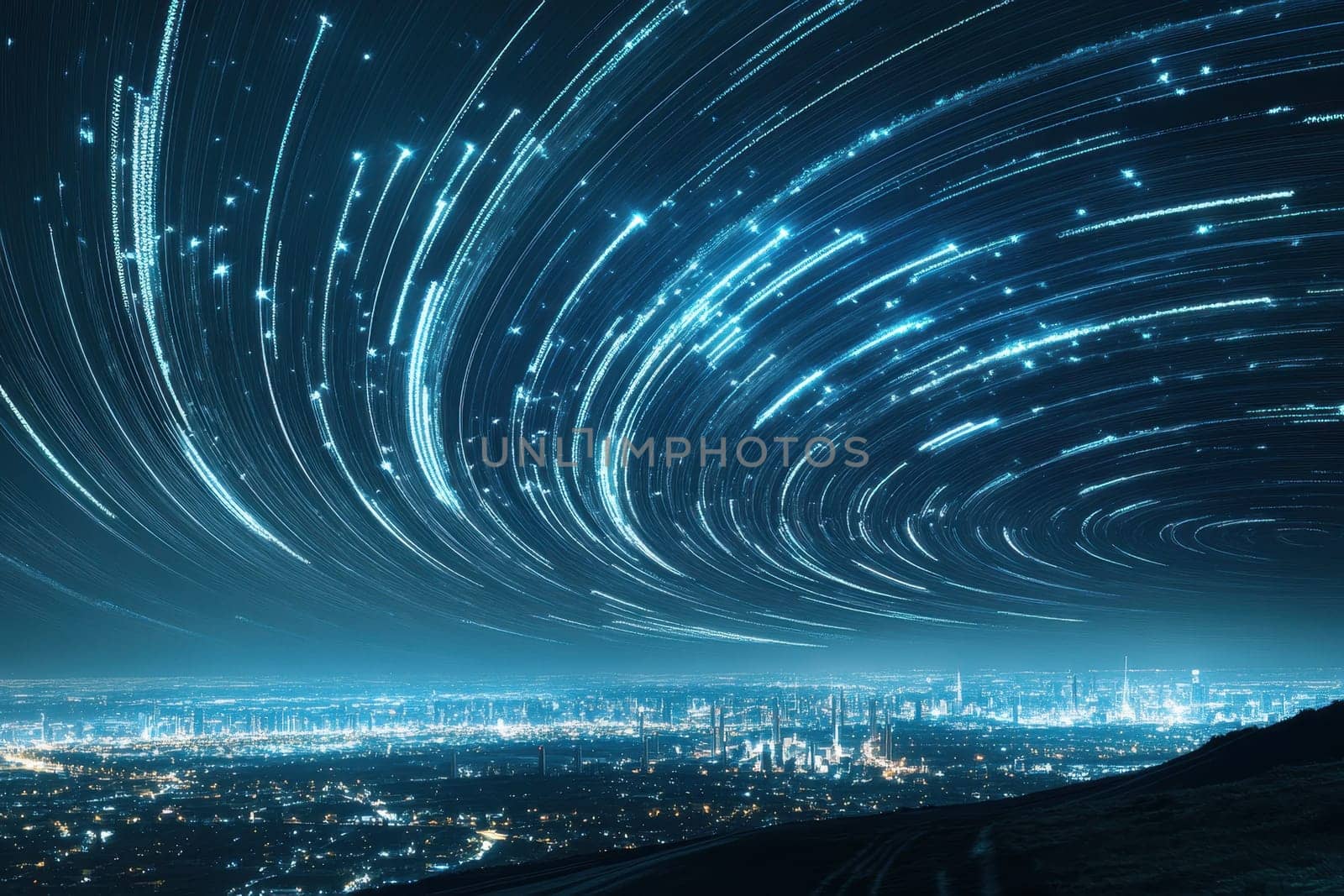 Stunning portrayal of a night sky filled with star trails, showcasing a vibrant urban landscape illuminated by city lights.