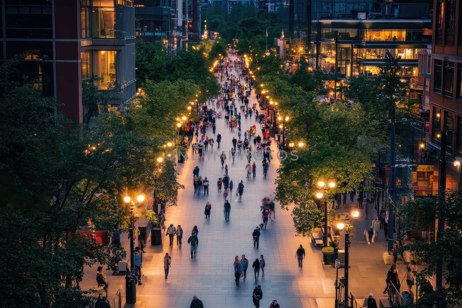 A vibrant city street bustling with pedestrians in the evening. The scene showcases urban life with warm lights, trees, and modern architecture.