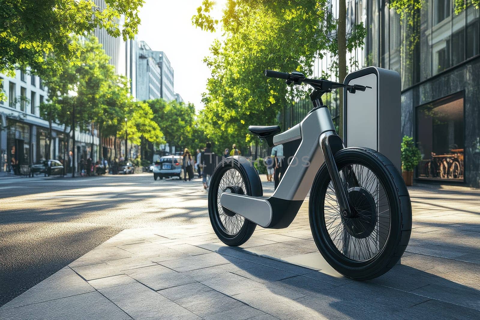 A sleek electric bicycle is parked on a vibrant urban street, surrounded by lush trees and modern buildings, capturing the essence of city life and green transport.