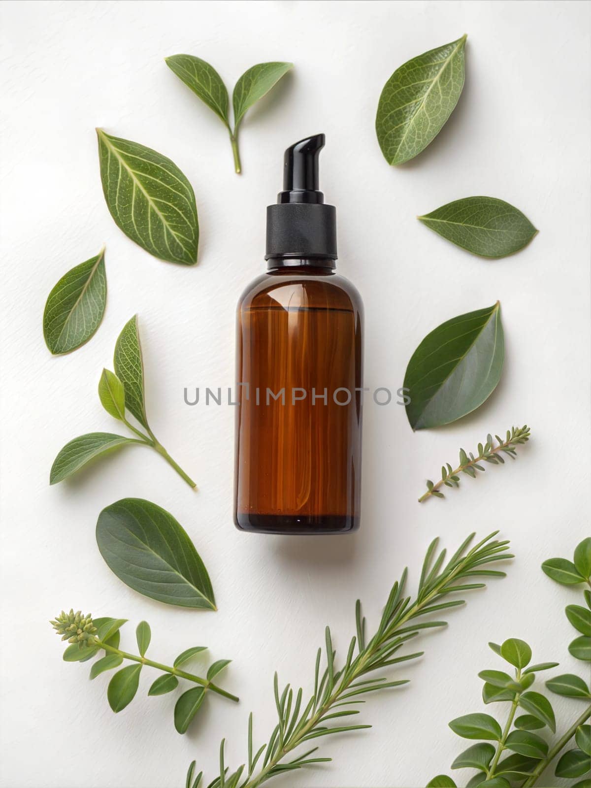 Amber glass proplet dispenser bottle on white background with green leaves. Natural cosmetic products packaging design mock up. Ai generated image