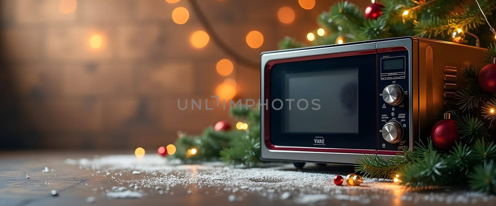 Microwave with fir branches, ornaments, and lights for a cozy Christmas feel