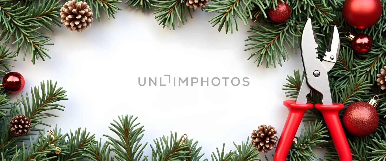 Pliers with Pine Branches and Festive Lights Creating a Cozy Christmas Atmosphere