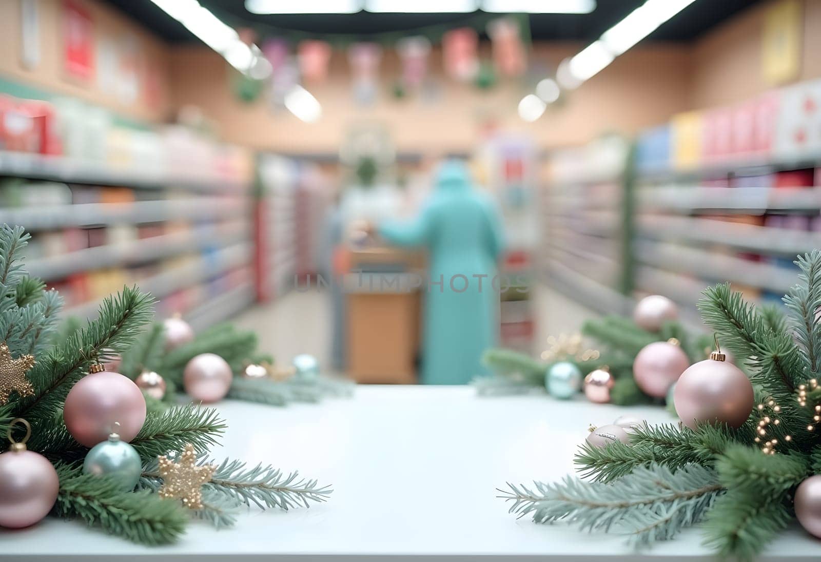A charming holiday store scene featuring an empty wooden table decorated with fir branches, garlands, and white and pink Christmas ornaments. The soft white and pink color palette creates a cozy, elegant winter atmosphere, ideal for holiday product displays
