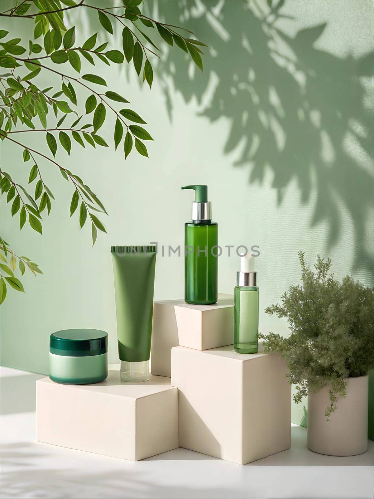 Four green cosmetic containers displaying on white round podium with tropical leaves. Cosmetic products mockup displaying on light green background. Skin care products. Ai generated image