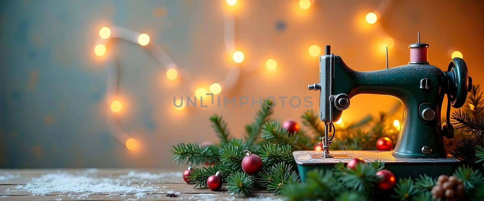 Sewing machine with coniferous branches, balls and lights, creating a cozy Christmas atmosphere