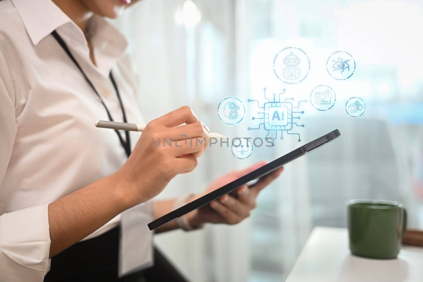 Young woman using digital tablet with artificial intelligence tools and data analytics virtual icons.