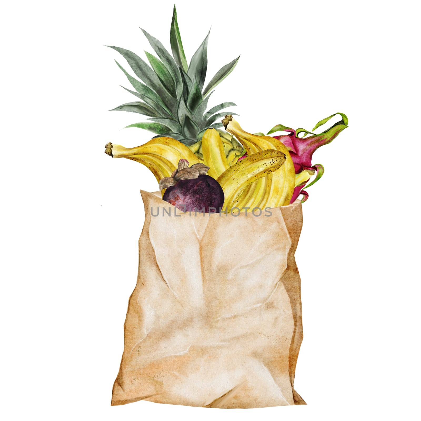 Paper bag with fruits watercolor. Hand drawn craft packaging with bananas, pineapple and darkonim fruit. Food clip art. Ideal for food stickers, posters of farm organic stores and design of nutritionist blogs. High quality illustration