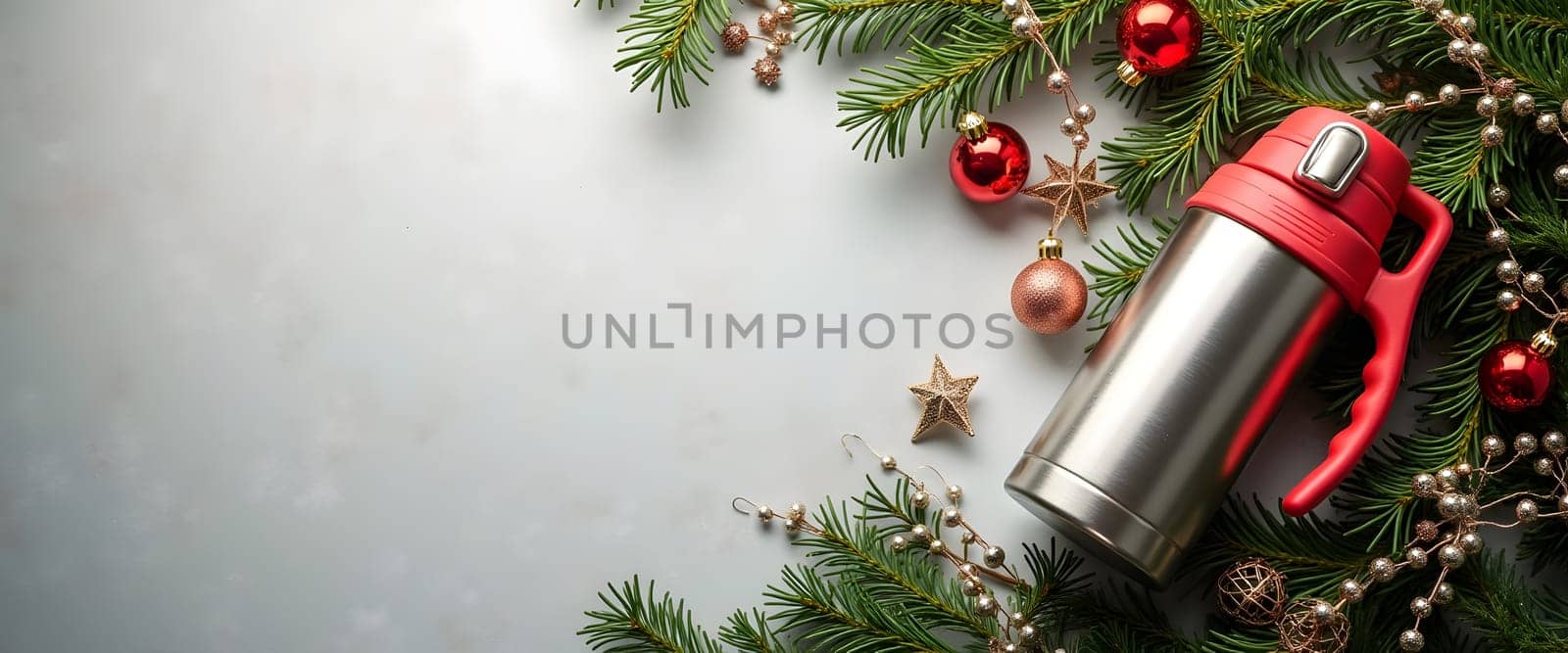 Thermos with fir branches, ornaments, and lights for a cozy Christmas atmosphere