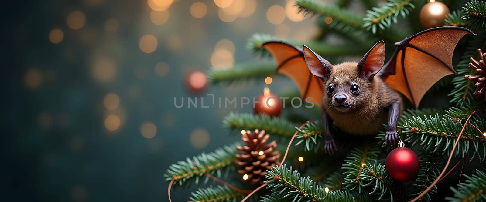 Bat with fir branches, ornaments, and lights creating a cozy Christmas ambiance