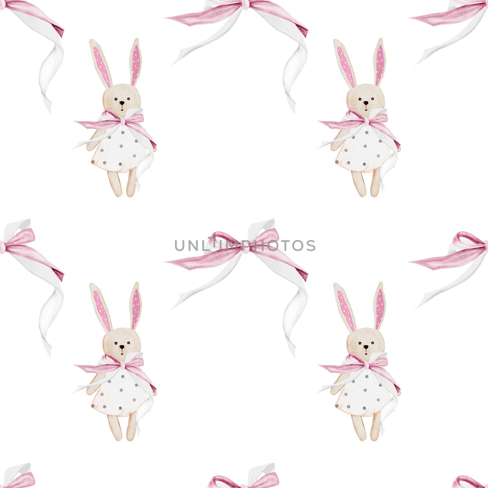 Nursery seamless patterns with cute bunny. Watercolor ornament with toys hand drawing. Illustration of a rabbit with a bow on a white background. Children's design. Ideal for children's textiles, diapers and underwear