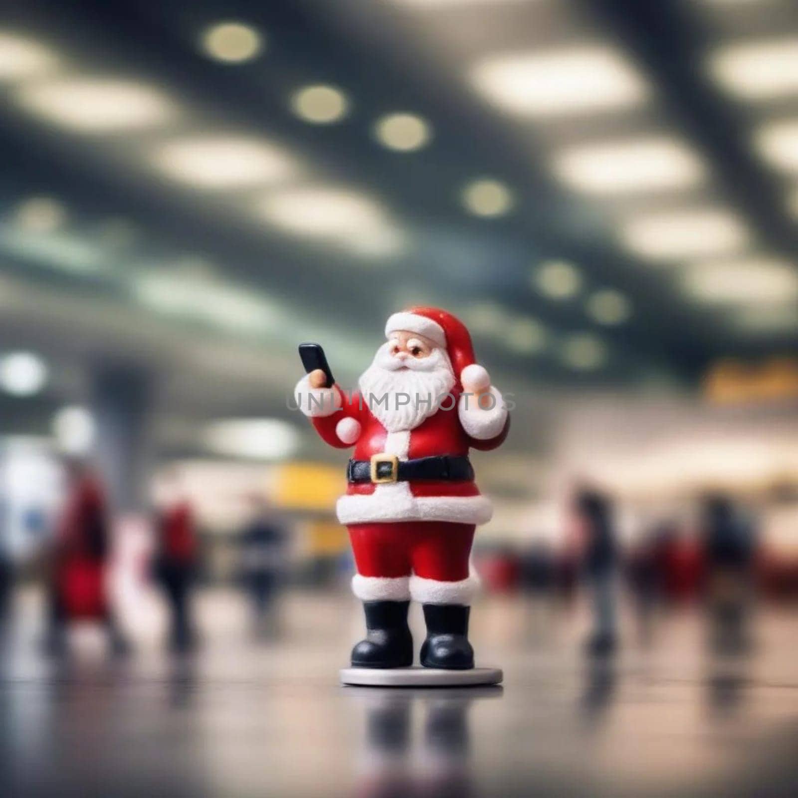 Santa Claus standing with mobile phone, calling in airport station building, half house gifts, merry christmas, happy new year holiday. High quality illustration