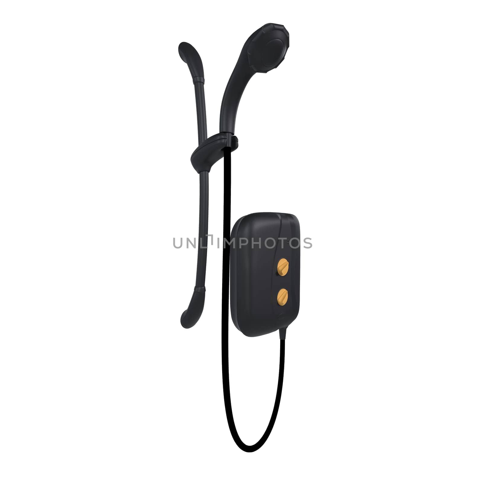Detailed 3D rendering showcases a black headset with distinct features and sleek design.