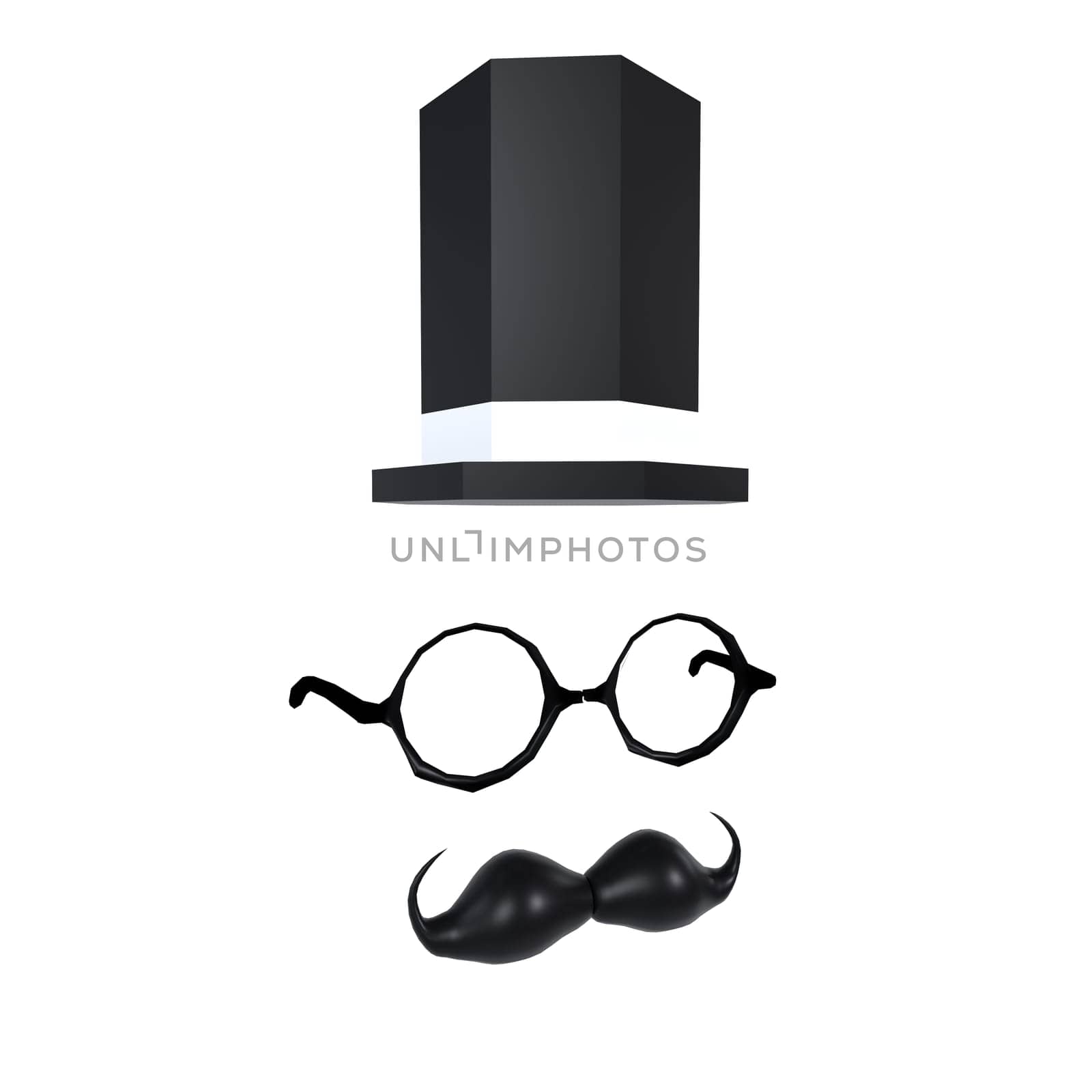 This rendering features a black top hat, quirky glasses, and a mustache arranged creatively.
