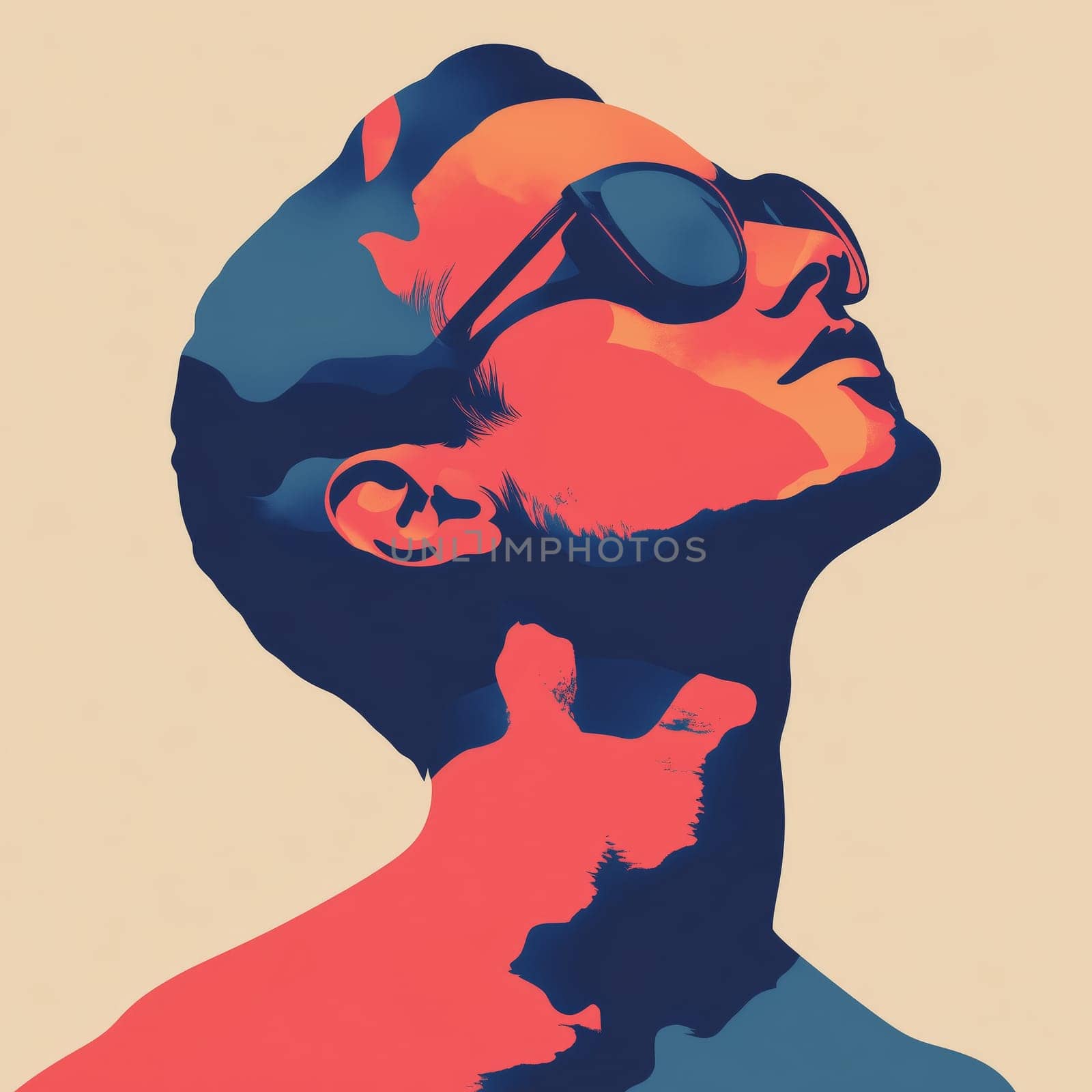 Artistic illustration of a man wearing sunglasses, depicted in vibrant abstract color blocks, representing modern and creative design.