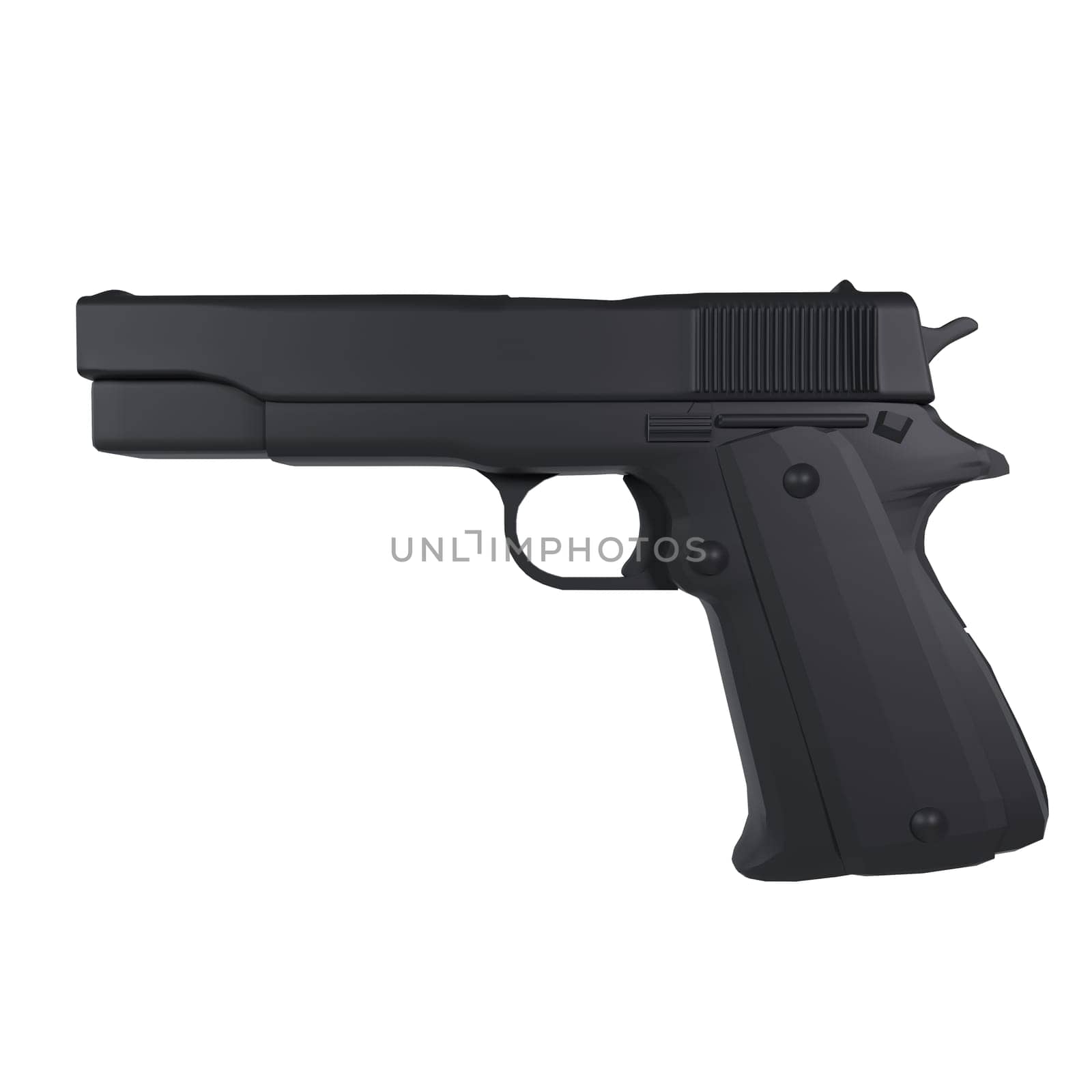 This 3D rendering displays a sleek, matte black modern handgun with detailed features.
